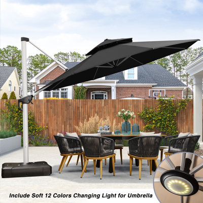 13 Feet Outdoor Double Top Ronud Deluxe Lighted Cantilever Umbrella With Base,Black