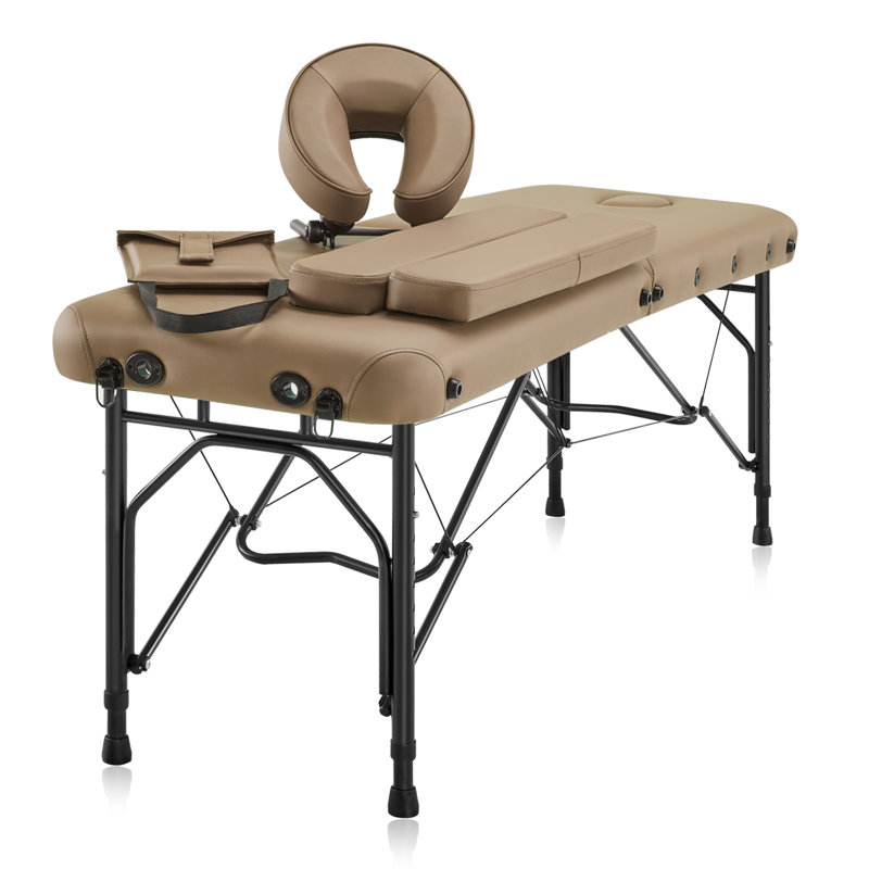 DR.LOMILOMI Table de massage portative pliable en aluminium ultralégère de format voyage Halia 302 pour massothérapeutes mobiles professionnels, avec rallonges d'accoudoirs latéraux, L70 x l21, brun clair
