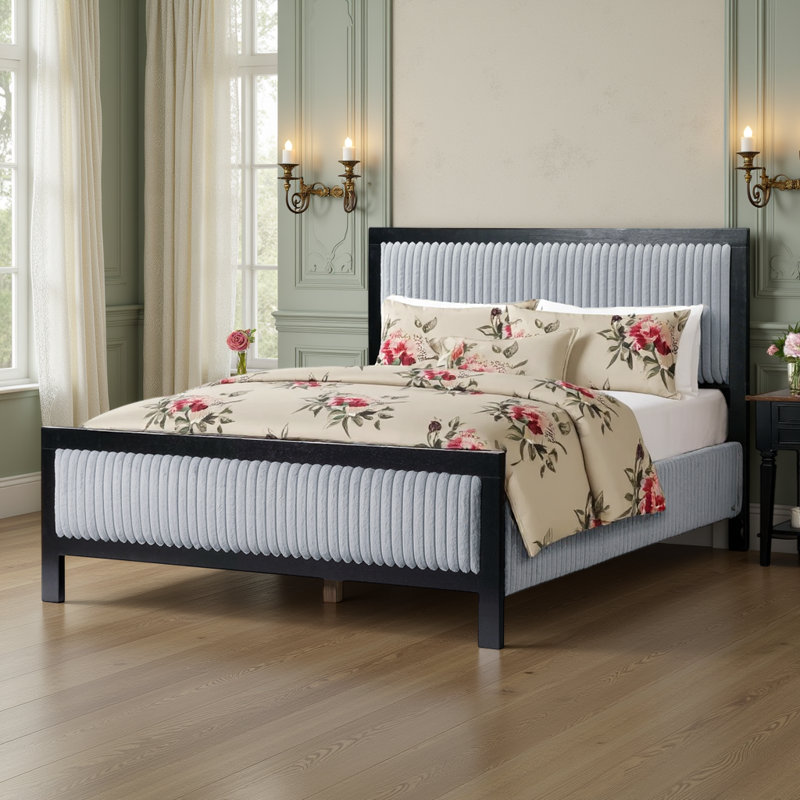 Lit plateforme avec tête de lit tapissier gris clair et structure en bois, Grand lit