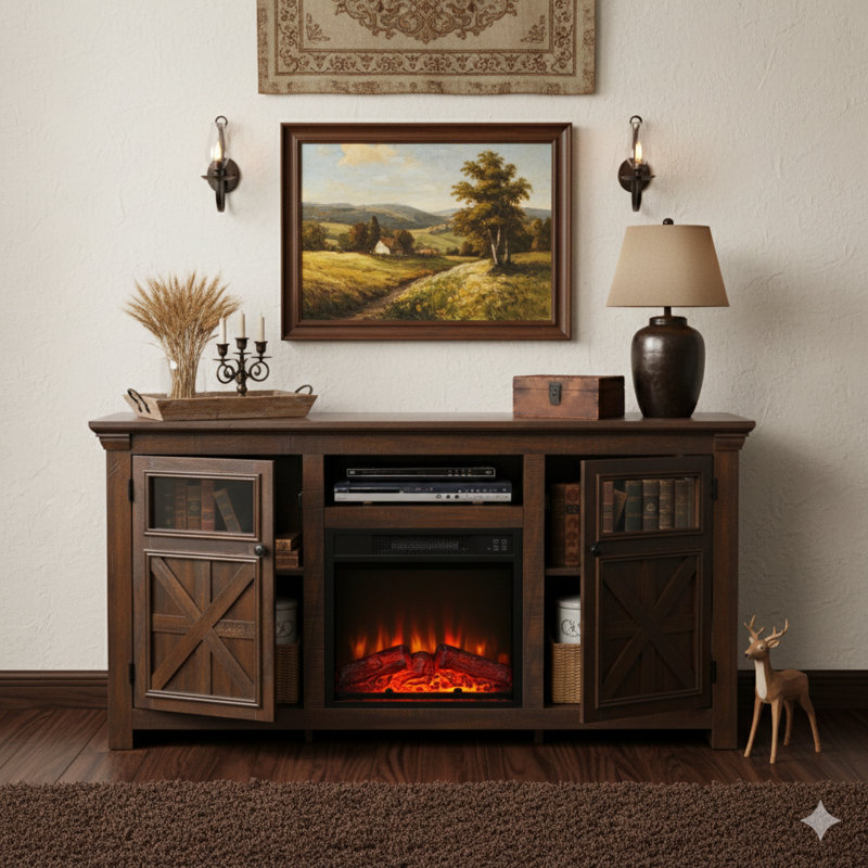 Barn-Design Farmhouse Cabinet With Two Doors, Inspired By Large Barn Style, Home Entertainment Console With 18-Inch Fireplace Insert, Espresso Finish, Dimensions 60.23" W X 15.35" D X 31.7" H