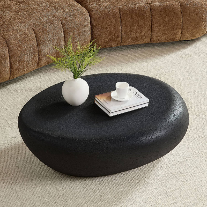  Irregular Oval Coffee Table Faux Stone Table, 14.17" H x 43.3" L x 32.67" W, Black