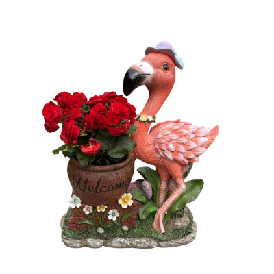 Outdoor Flamingo Sculpture Planter With Solar-Powered Light, Artistic Garden Ornament Combining Decoration, Functionality, And Ambient Illumination.