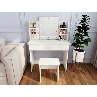 Table de coiffeuse à miroir à un tiroir réglable, rangement pour brosses à maquillage, sièges confortables, design épuré, finition blanc antique, panneau de particules +, tiroir de la commode de 35,02 po de profondeur, tablettes ouvertes, 67,68 po