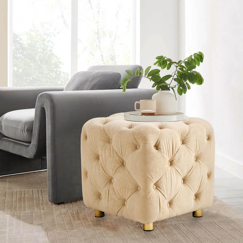 Velvet Tufted Soft Multi-Purpose Makeup Ottoman, Beige