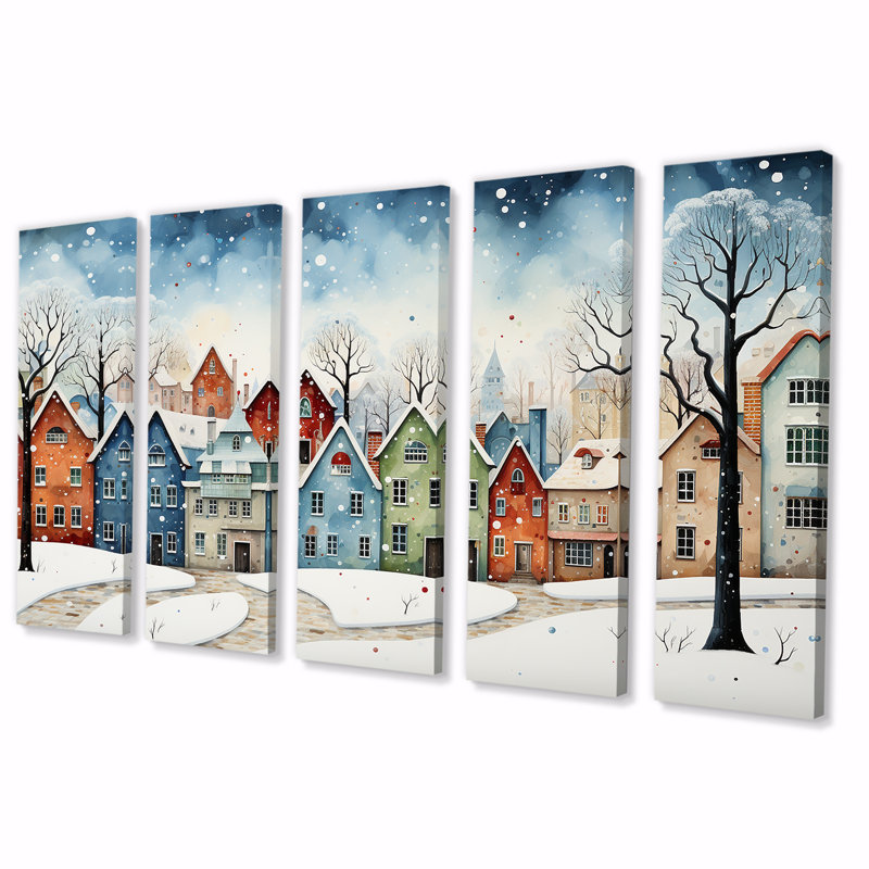 «Multicolor Frosty City In Winter I, 5 pièces», 5 pièces, H 32 po x l 80 po