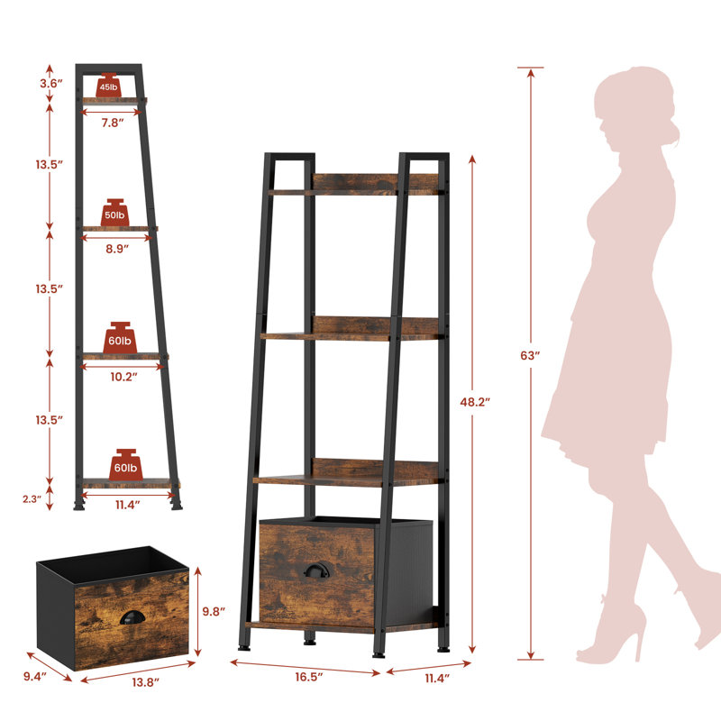 Ladder Shelf, Upgraded Elevated Wood Ladder Bookshelf with Drawer, Ladder Shelf Bookcase, Tall Bookshelf with Steel Frame, Rustic Storage Rack for Living Room, Home Office, Bedroom