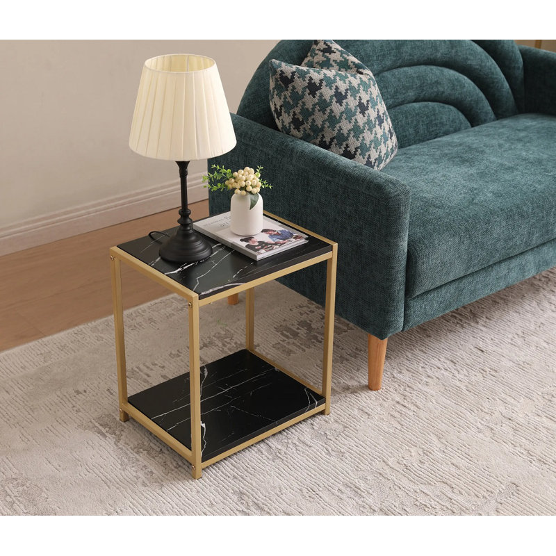 Quason Side End Table with Faux Marble Storage Shelves & Metal Frame, Nightstand for Bedroom, Living Room, or Modern Accent Table