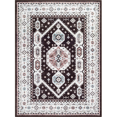 Dery Black Tribal Medallion Durable Non-Skid Washable Area Rug