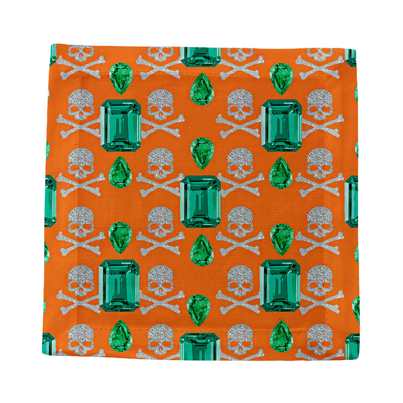 Gem Emeralds Skull Cotton Sateen Cocktail Napkins, Orange