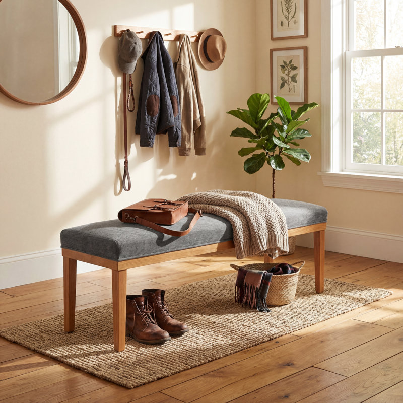 Banc de vestibule moderne avec coussin en tissu, siège de couloir 53 po pour chaussures, pieds en bois, revêtement gris, Brun