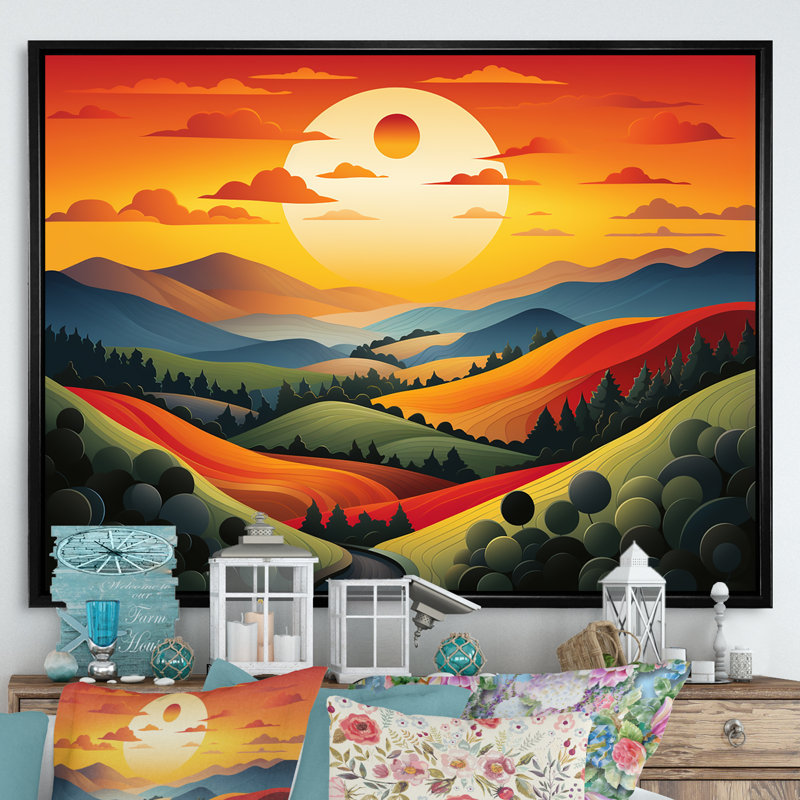 Multicolore audacieux paysage de campagne II - prairie, art mural, Cadre flottant noir, H 16 po x l 32 po x P 1 po