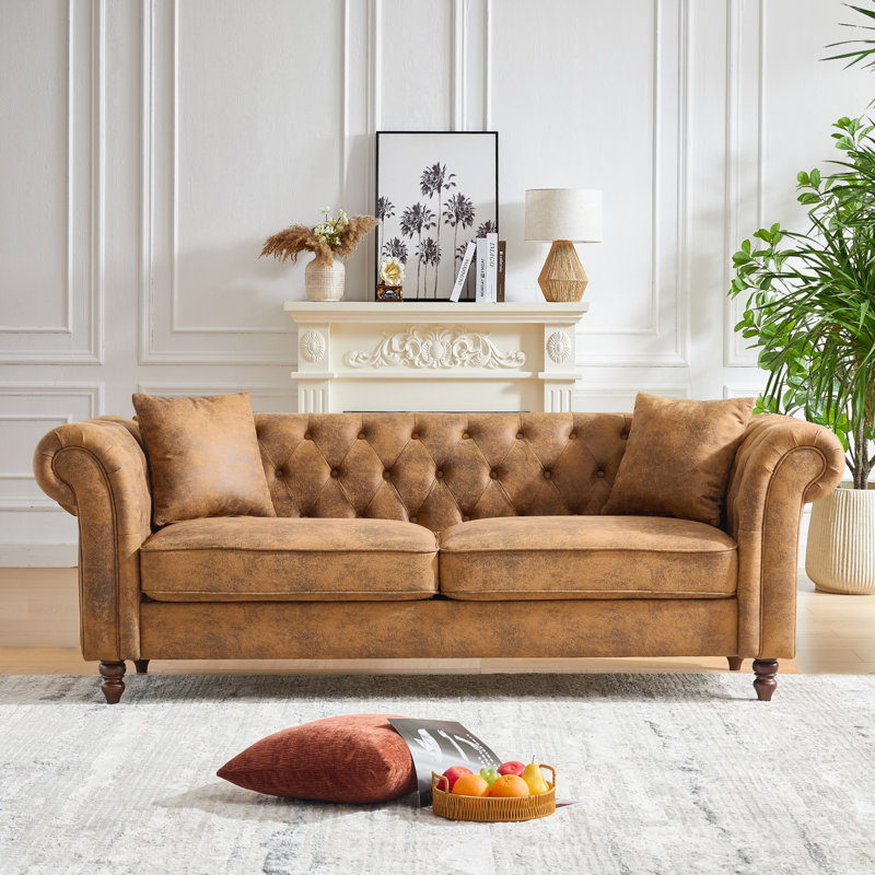 66" Chesterfield Tech Fabric Loveseat Sofa 2-Seater Mid-Century Modern Couch with Rolled Arms, High-Tech Leathaire Upholstery & Solid Pine Frame for Living Room, Office or Apartment