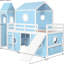 Lit simple mezzanine bleu avec glissade, tente rose et tour