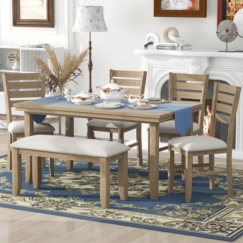 Table de salle à manger et chaises avec banc, ensemble de salle à manger en bois rustique, ensemble de 6, Bois naturel délavé