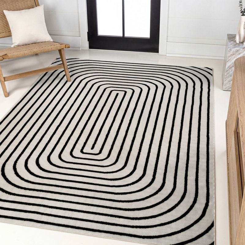 Freya Modern Scandinavian Arch Stripe Monotone High-Low Black/White Rug, Rectangle 5'3" x 7'7"