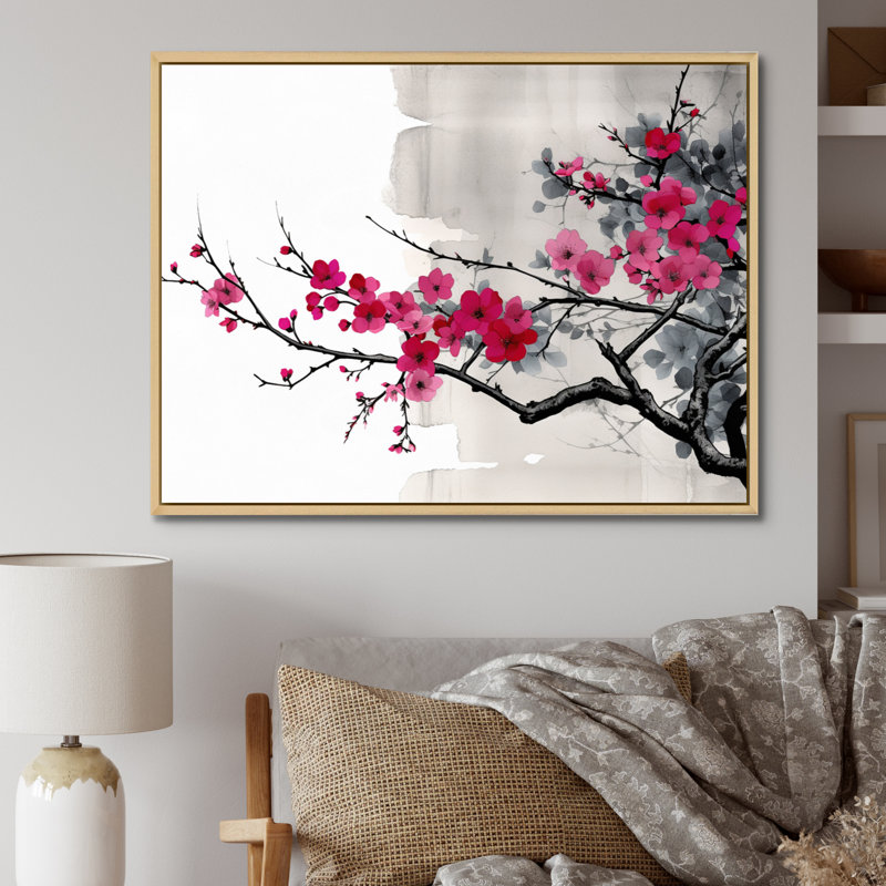 Asian Art Sumi Blossom II, reproduction d'art sur toile, H 24 po x l 32 po x P 1 po, Cadre flottant brun naturel