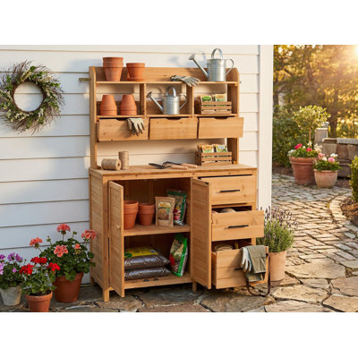 Farmhouse Potting Bench with 6 Drawers, 44.6" Fir Wood Garden Work Table with Cabinet, Hutch & Side Hook