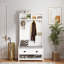 Arbre d'entrée 3 en 1 avec 2 tiroirs de rangement et 4 portemanteaux, banc de rangement pour chaussures en bois avec coussin de siège rembourré, banc de vestibule avec tablette de rangement supérieure