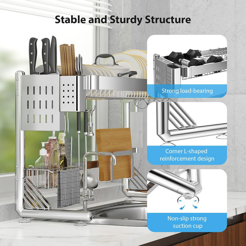 Égouttoir à vaisselle extensible à 2 niveaux pour évier, en acier inoxydable 304, argenté, réglable de 53 à 95 cm, grand organisateur de rangement pour comptoir de cuisine