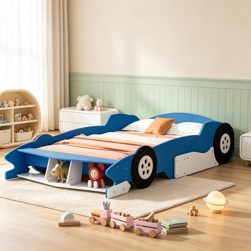 Full Size Race Car-Shaped Platform Bed with Wheels, Durable and Stylish for Kids and Teens, Blue