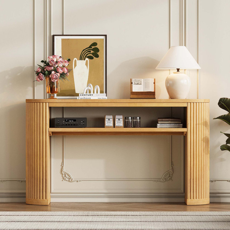 Rustic Console Table with Fluted Legs and Ash Veneer Top, Natural