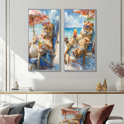 Lion se détendant sur la plage I - ensemble d'art mural animaux côtiers 2 pièces