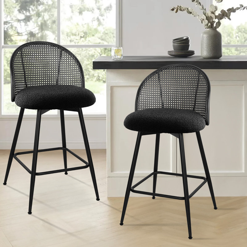 Black Metal Swivel Counter Stools with Rattan Backrest, Set of 3