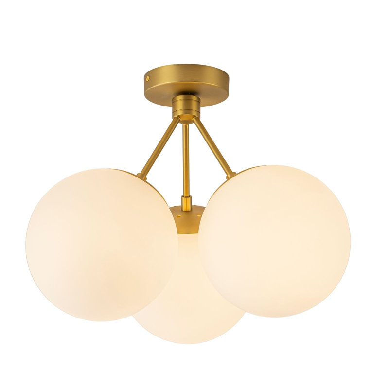 Plafonnier semi-encastré 3 lumières or brossé avec globes en verre laiteux