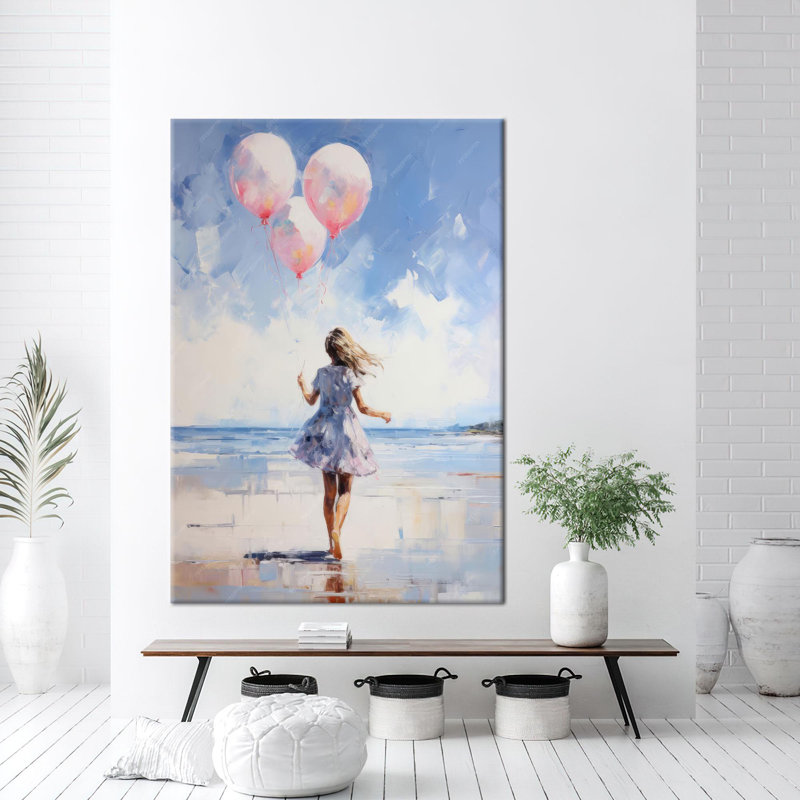 Personalized Baby Gift of a Pink Balloon Girl on a Blue Art Canvas Poster for Modern Room Wall Decor and Memorable Present