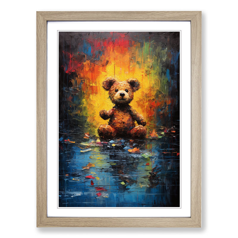 Teddy Bear Action Painting Art - Framed Print, 64cm H x 46cm W, Oak Framed