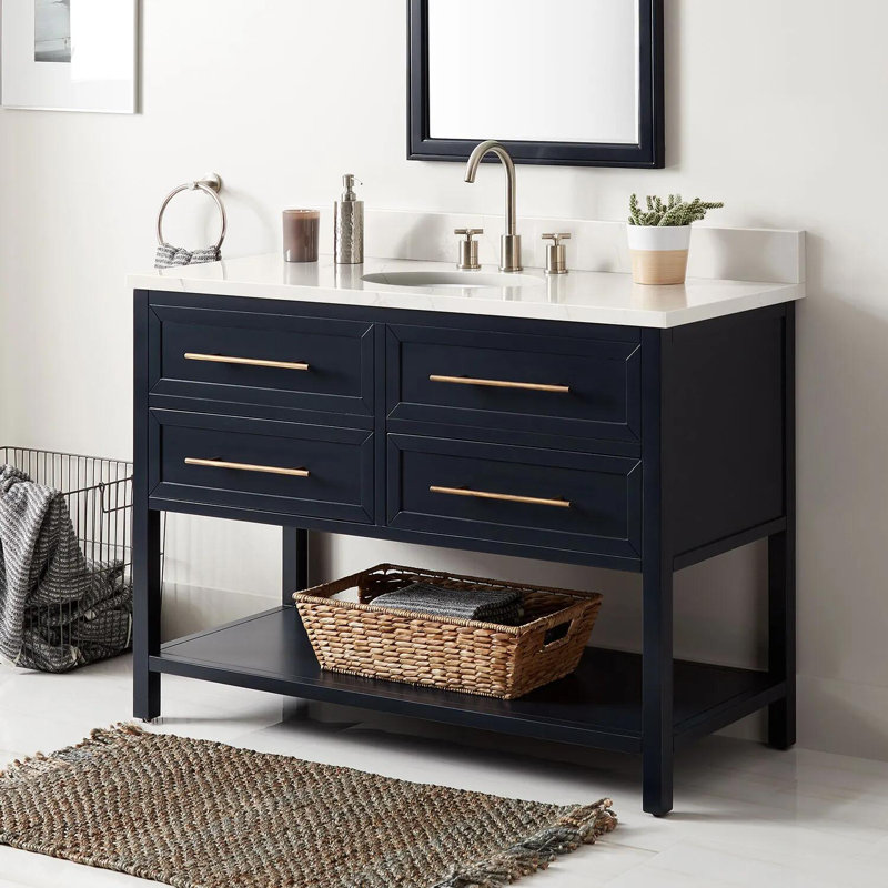 48" Robertson Single Bathroom Vanity Set with Oval Undermount Sink, Black, 8" Widespread, Arctic White Quartz