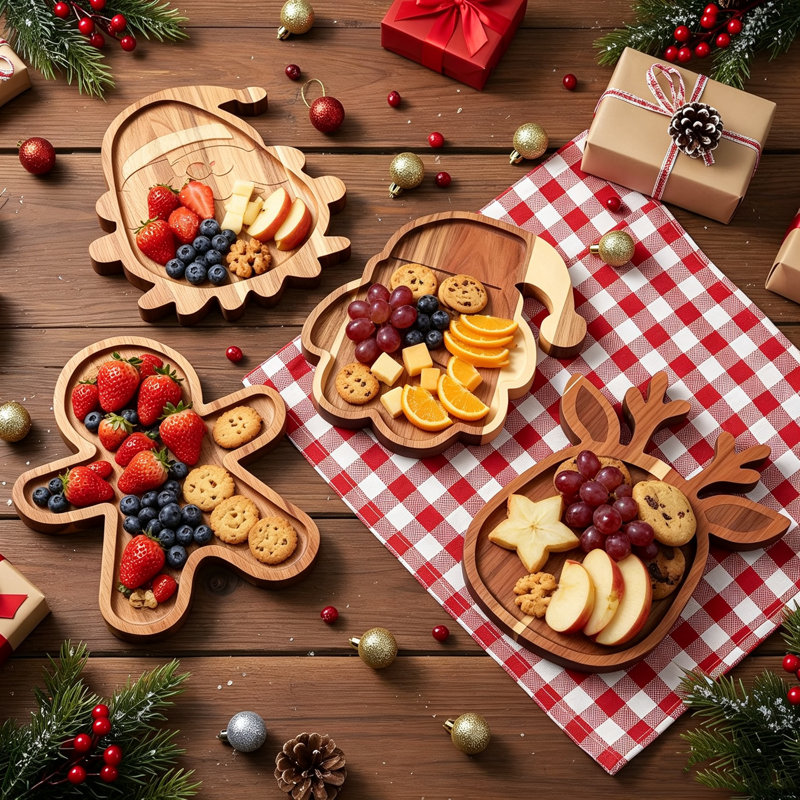 Lot de 4 plateaux à fromage de Noël, en forme de bonhomme en pain d'épices, Père Noël, renne et lutin, parfaits pour les fêtes et les cadeaux.