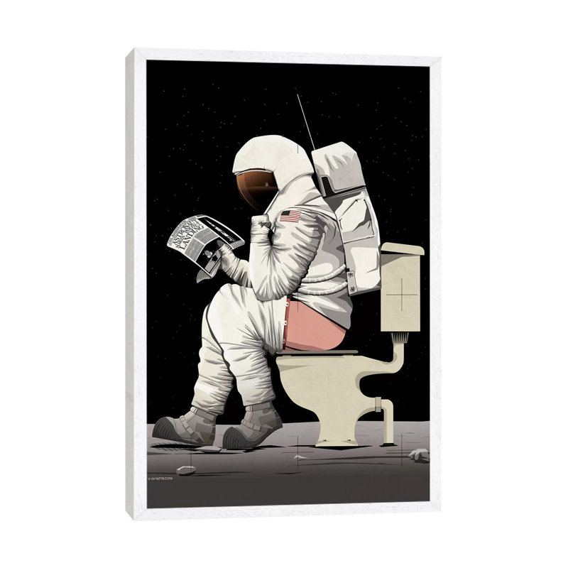 Astronaut On The Toilet by Wyatt - Print on Canvas, 66.04cm H x 45.72cm W x 3.81cm D, White Framed