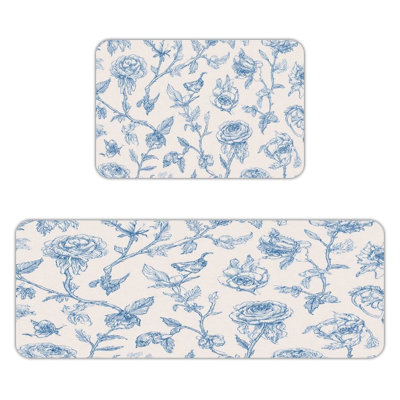Blue Rose Sketch, Kitchen Mats Set Of 2