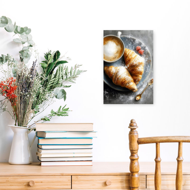 Morning Croissants And Coffee, art mural rustique contemporain, 18" H x 12" W