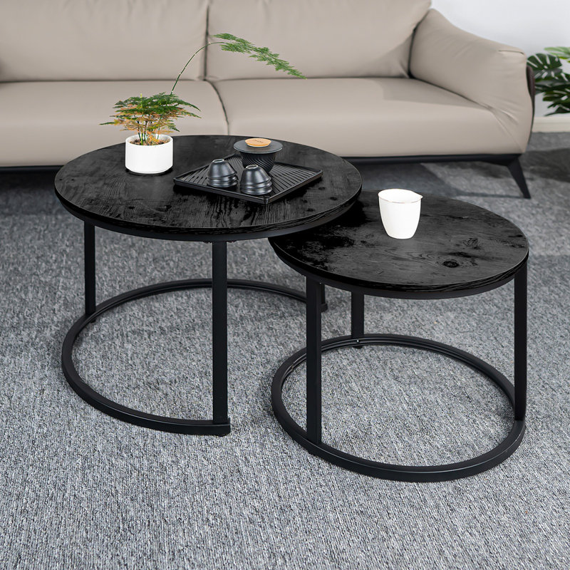 Ensemble de 2 tables basses rondes gigognes, table d'appoint pour le salon, table d'appoint multifonctionnelle avec structure en métal, / salon / chambre à coucher noir