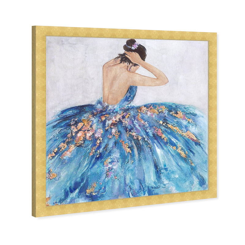 Bleu et festif - Peinture sur papier, Papier avec cadre doré, H 24 po x l 24 po