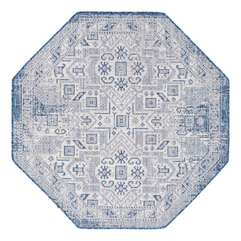 Tapis bleu sarcelle intérieur / extérieur Amhlaidh Southwestern, Octogone 5 pi 3 po x 5 pi 3 po