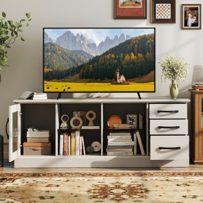 Console 63 pouces avec 3 tiroirs et 2 tablettes en verre