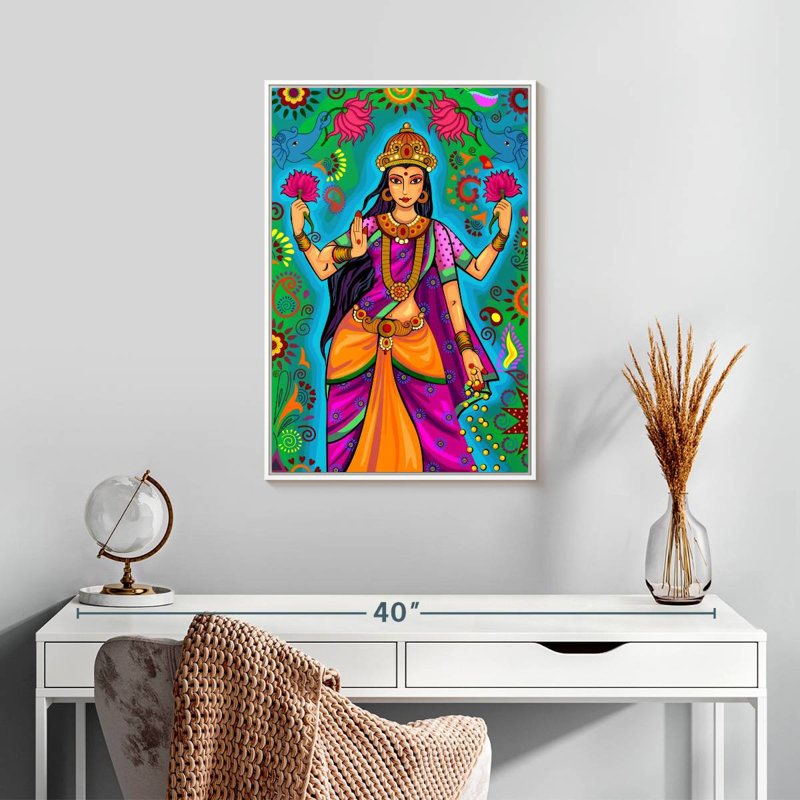 Déesse indienne Lakshmi, 17" x 25", Cadre flottant blanc