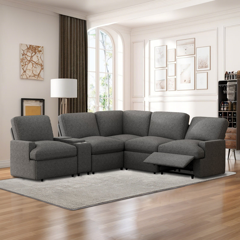 104" Upholstered Power Reclining Sectional with a Multifunction Console, Dark Gray Linen