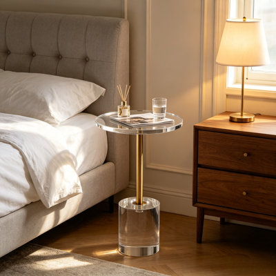 Acrylic Round End Side Table, Modern Accent Table with Clear Acrylic Top & Cylindrical Base, Gold Metal Support Rod, Slim Sofa Side Table for Living Room Bedroom