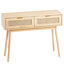 Console en rotin avec 2 tiroirs de rangement, table d'entrée en rotin avec porte coulissante en rotin naturel, table console pour salon, bureau, entrée ou mur de télévision, naturel