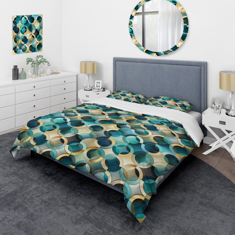 Teal And Golden Modern Geometric Tiles - Ensemble de housse de couette géométrique