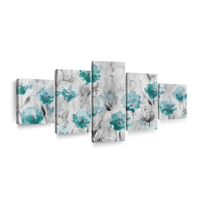 Ensemble de 5 fleurs abstraites sarcelle coquelicots sur toile, H 24 po x l 55 po x P 1,25 po