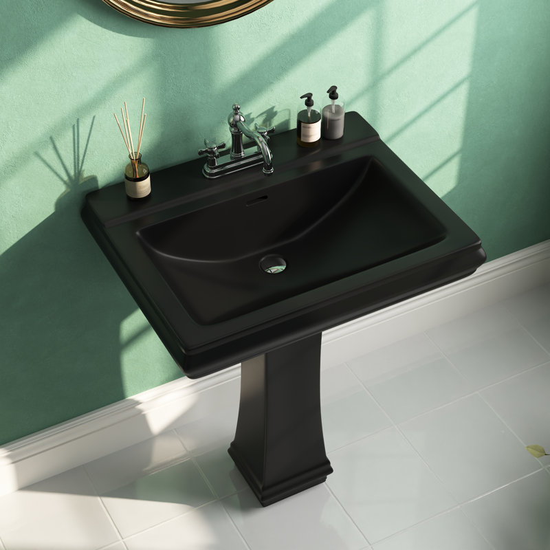 Apex 34" Tall Rectangular Vitreous China Pedestal Bathroom Sink with Overflow, Centerset Faucet, Black