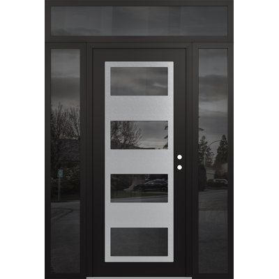Panneau d'entrée en acier argenté noir / noir avec 2 panneaux latéraux et porte d'entrée avant suspendue à traverse