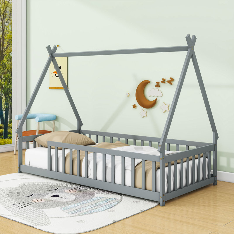 Twin Wooden Tent-Shaped Teepee Floor Bed, Gray