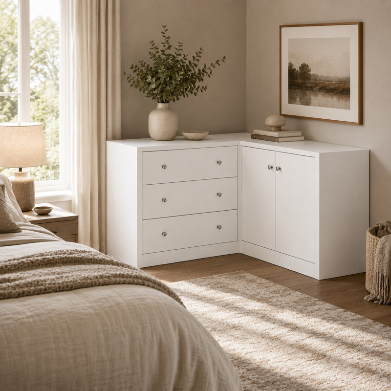 Armoire de coin blanche 26 po - 3 tiroirs + 2 portes, ensemble anti-basculement inclus