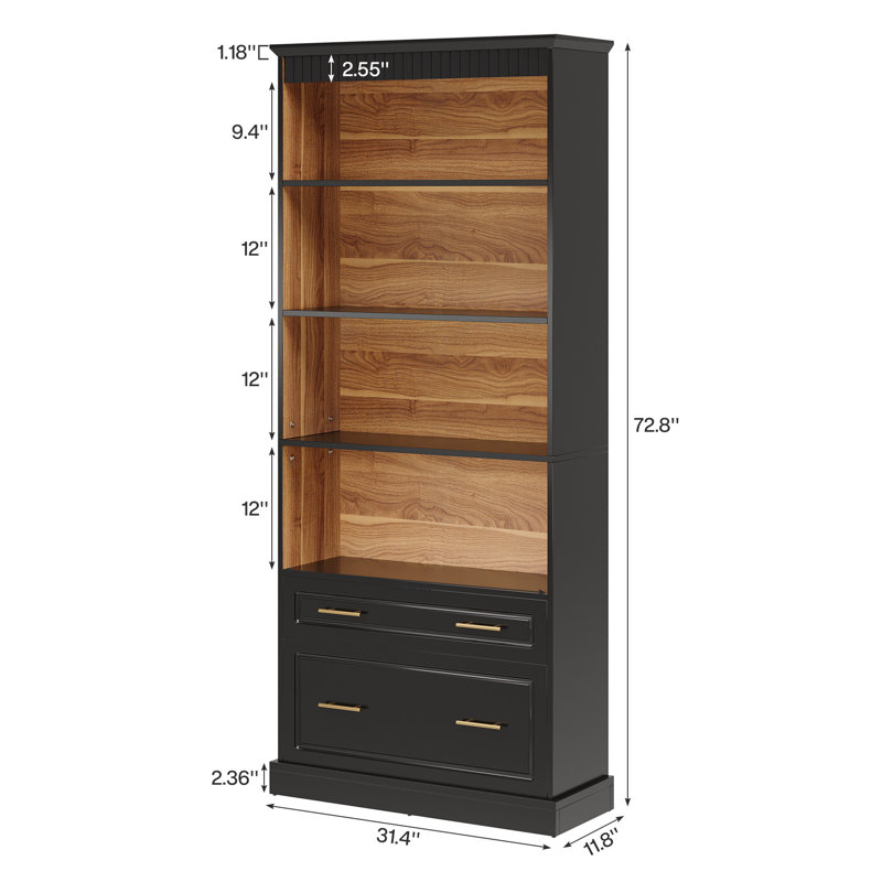 White & Walnut Bookcase with File Cabinet Drawers